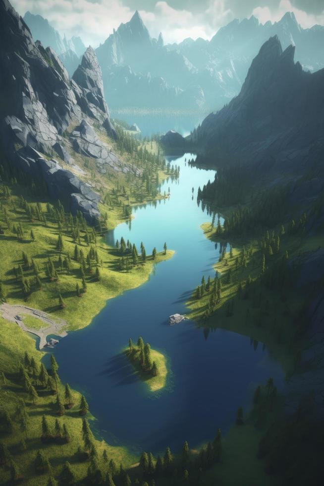 topo Visão do fantasia lago montanhas dentro a fundo, fantasia ambiente, octano renderizar, gerar ai foto