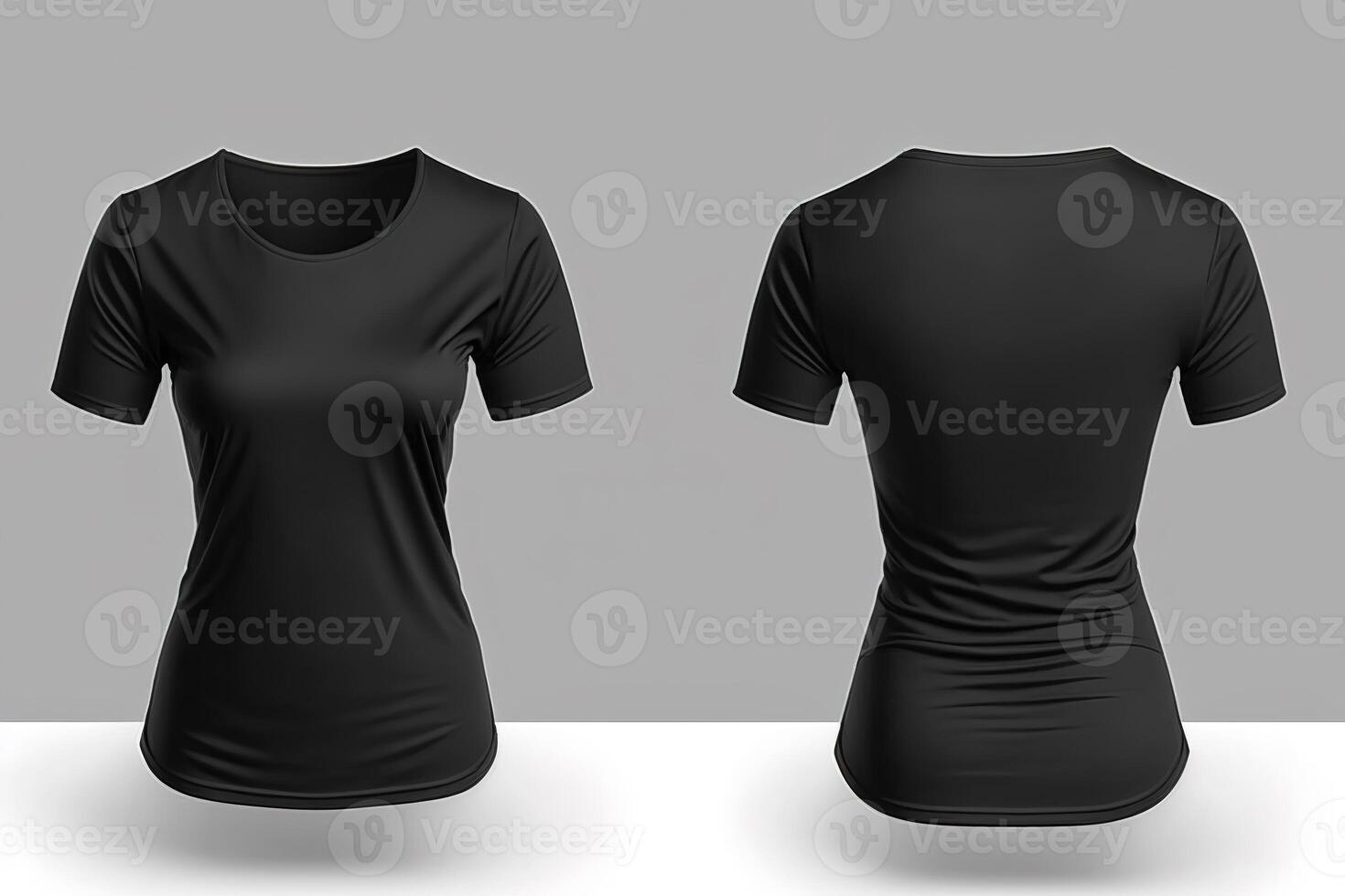 foto realista fêmea Preto Camisetas com cópia de espaço, frente e costas visualizar. ai gerado