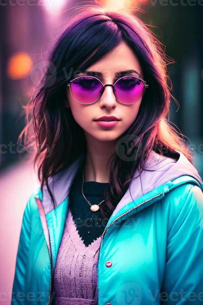 retrato do uma lindo jovem morena mulher dentro oculos de sol em a rua. generativo ai. foto