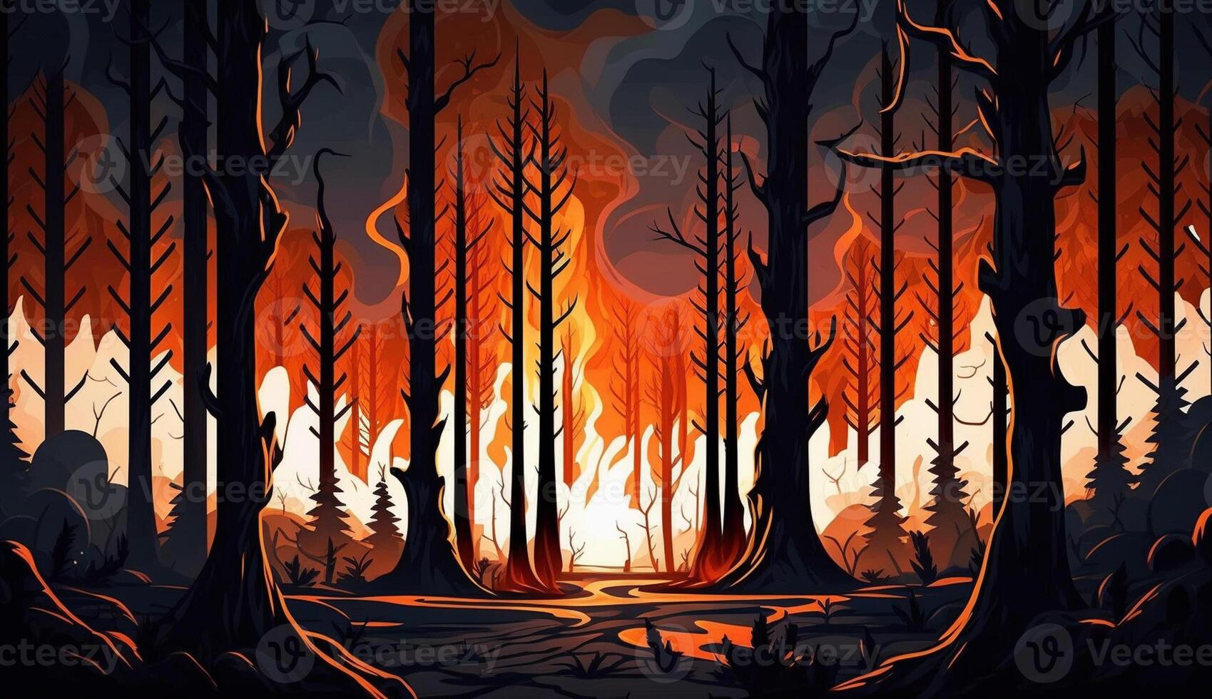 realista desenho animado ilustração do floresta em fogo e cheio do