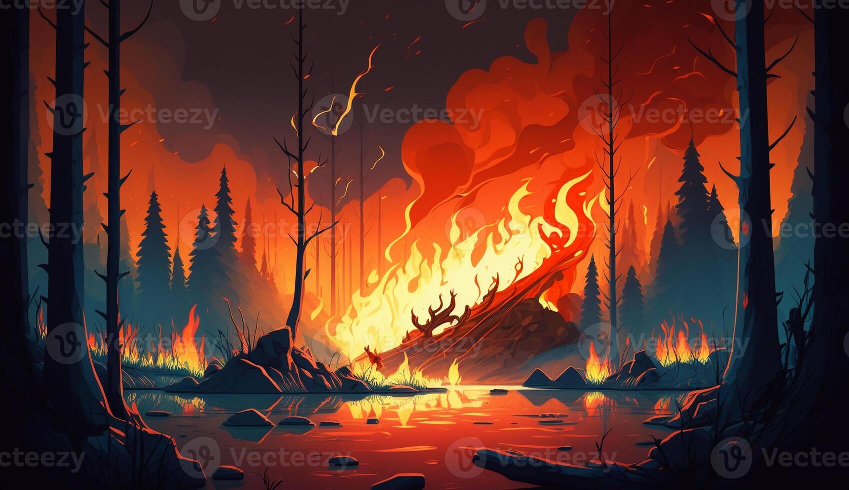 realista desenho animado ilustração do floresta em fogo e cheio do fumaça,  gerador ai 23627491 Foto de stock no Vecteezy