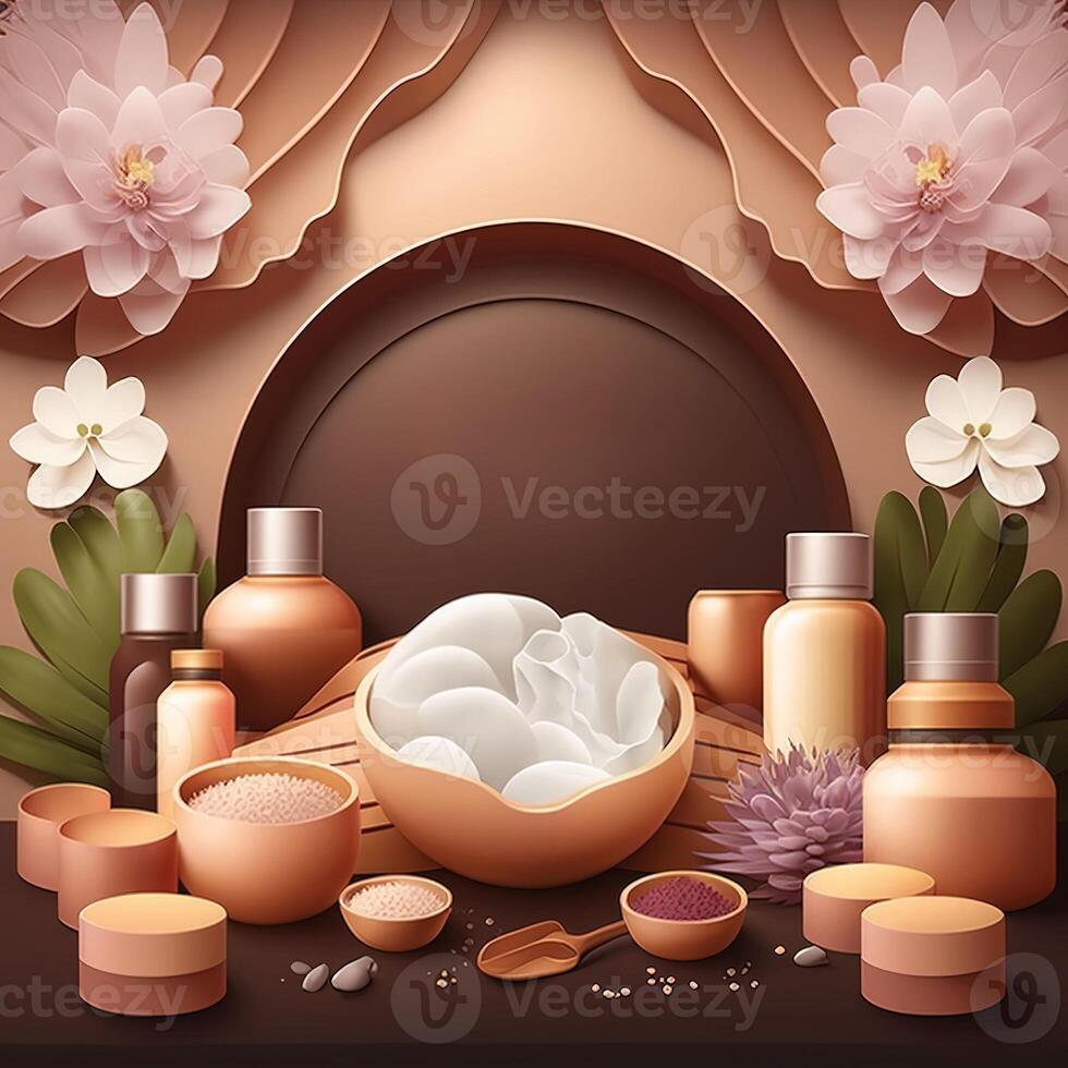 ilustração do orgânico spa produtos com lírio flores e creme em branco fundo. aromaterapia e ervas tratamento para bem estar e assistência médica. generativo ai. foto