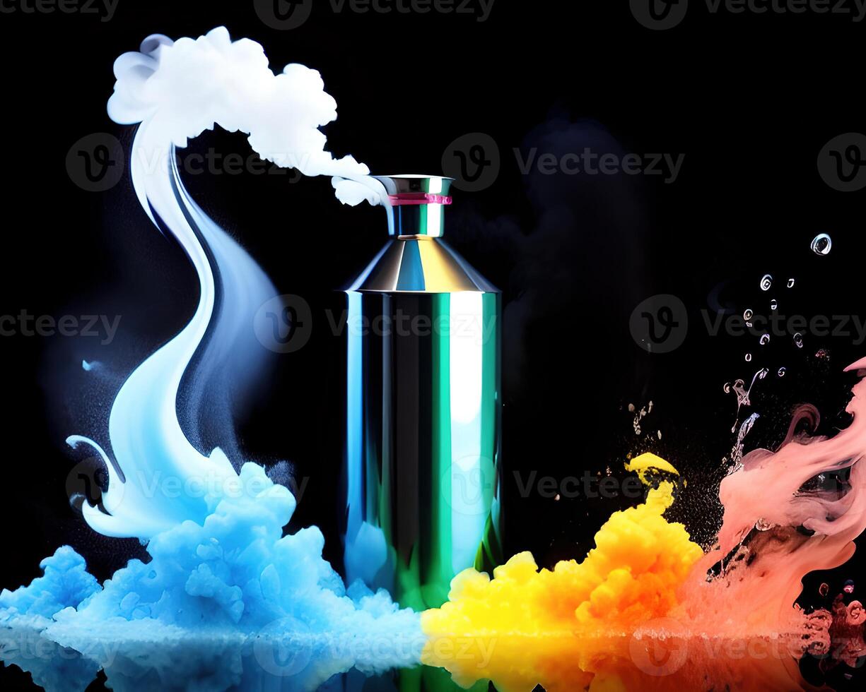 uma frasco preenchidas com líquido e colori fumaça de ai gerado foto