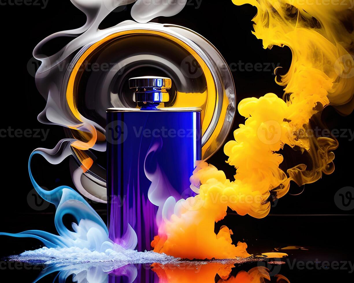 uma frasco preenchidas com líquido e colori fumaça de ai gerado foto