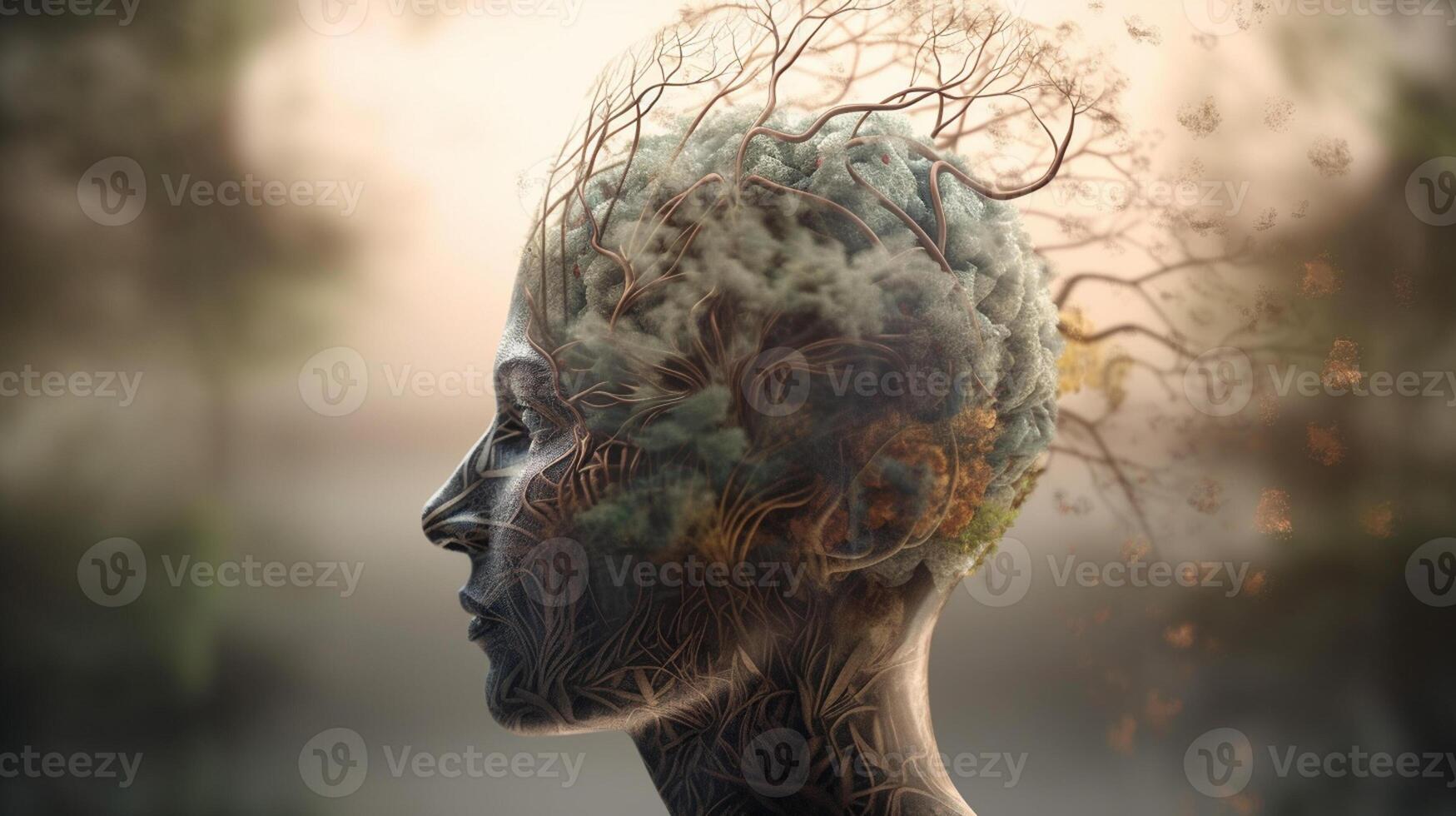 conceptual imagem do uma humano cabeça com colorida cérebro e outono folhas. mental saúde conceito ai gerado obra de arte foto