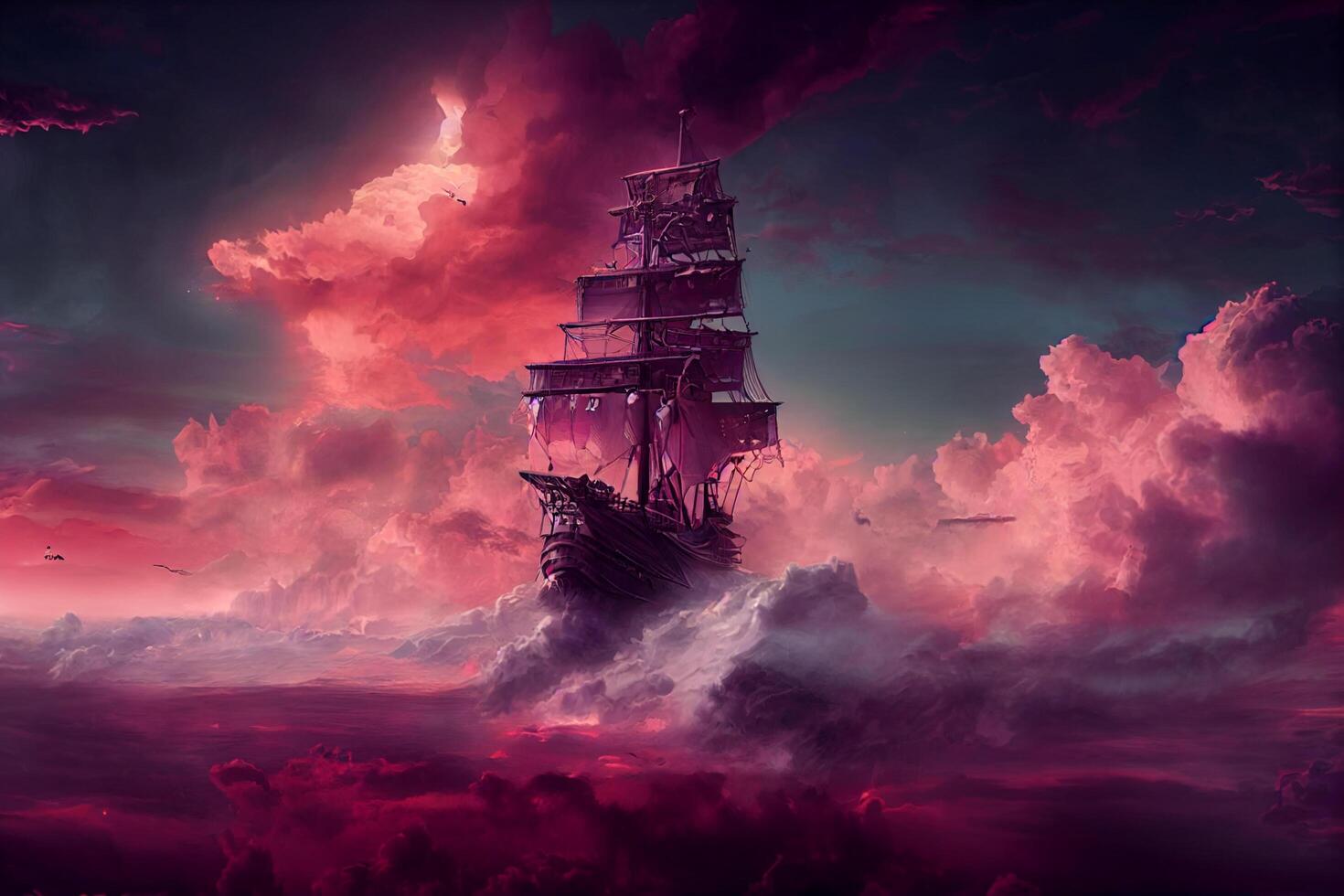 monumental majestoso pirata navio subindo em Rosa nuvens. generativo ai. foto
