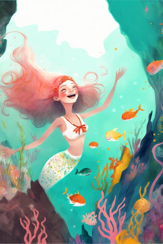 ilustração do feliz menina vestindo sereia fantasia. generativo ai. foto