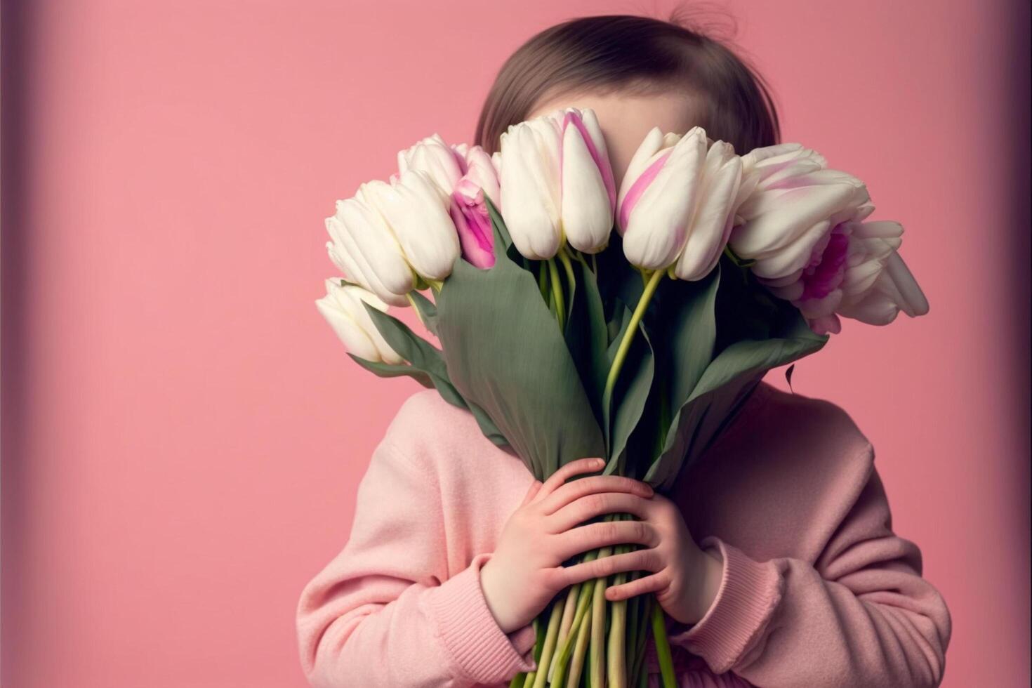 pequeno menina ocultar face com ramalhete do tulipas em Rosa. generativo ai foto