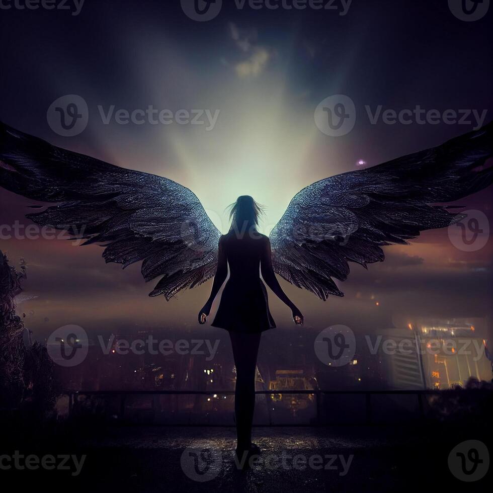 menina anjo com espalhar Dragão asas em flare. generativo ai. foto