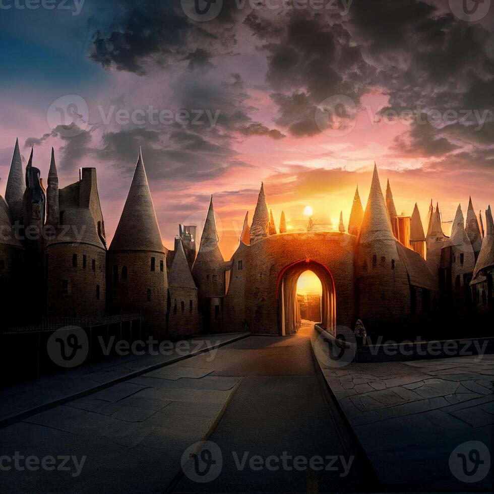 Hogwards às pôr do sol Largo ângulo cena fotorrealista. generativo ai. foto