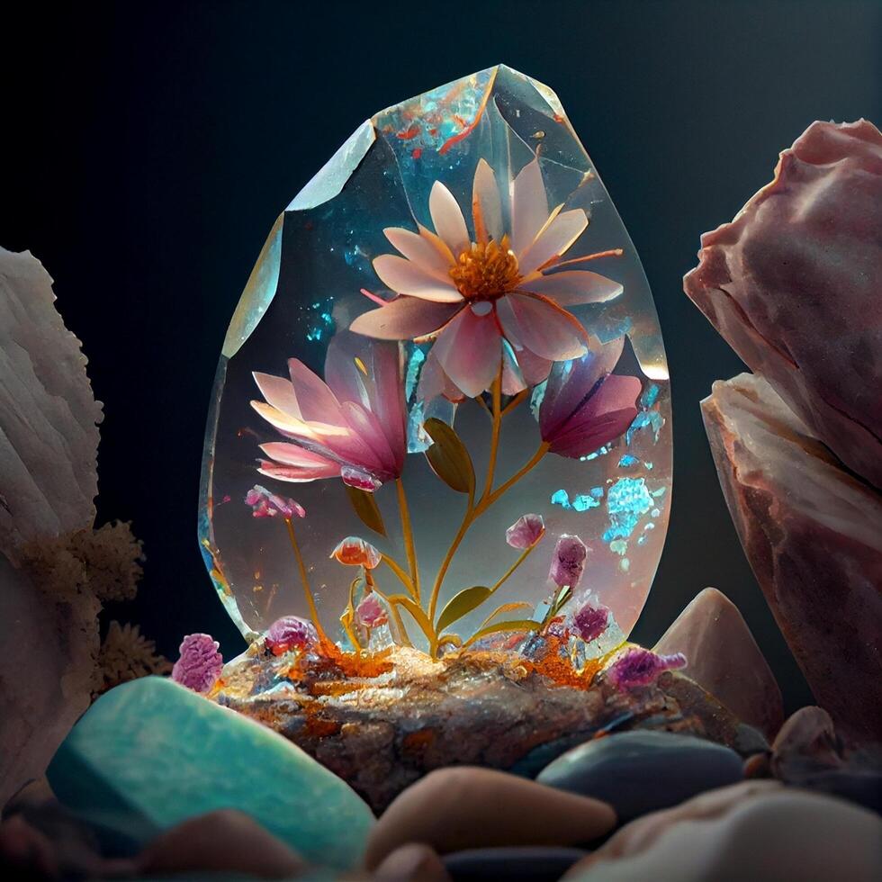 lindo fantasia flores dentro quartzo pedra. generativo ai foto