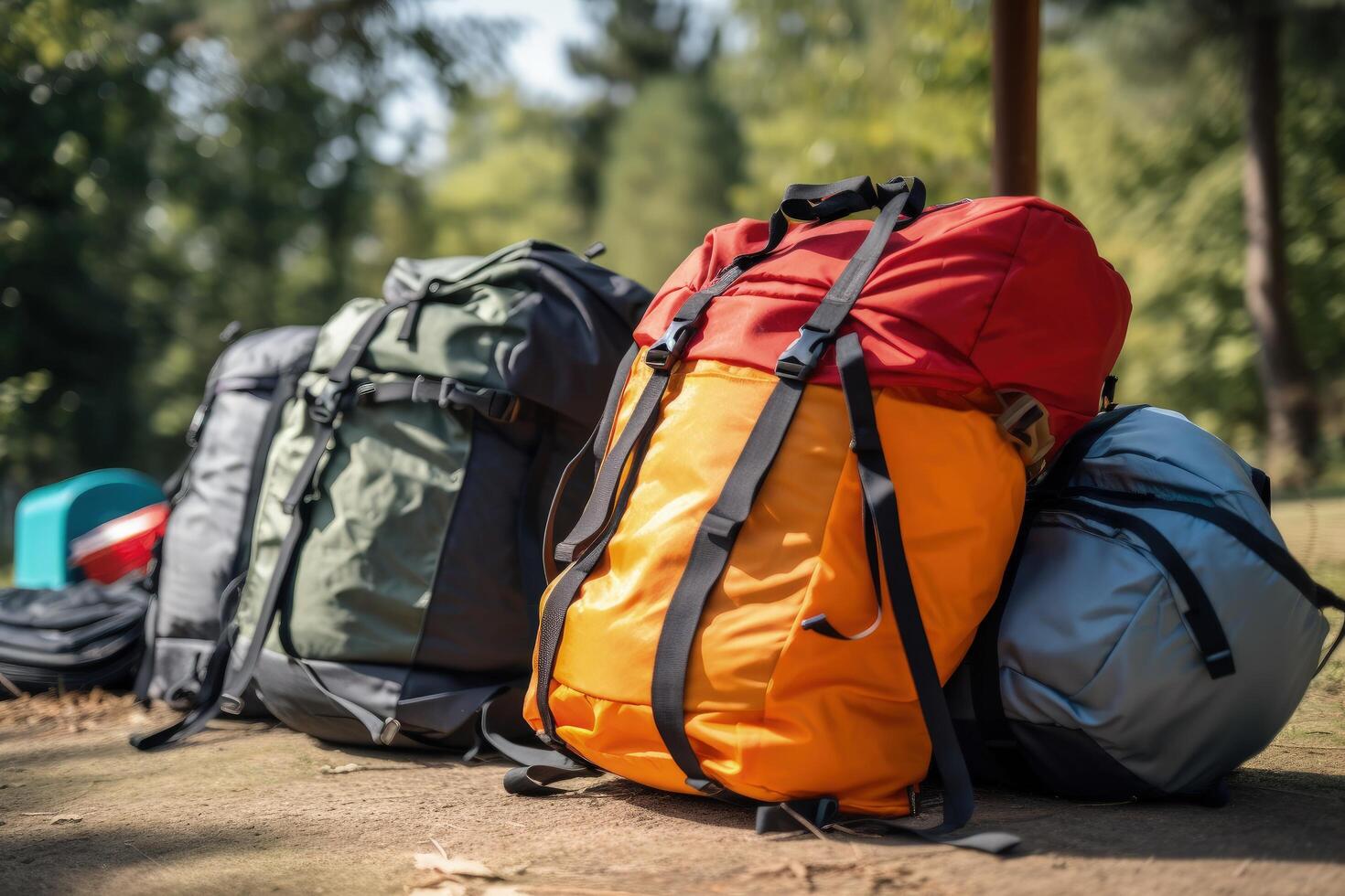 lindo turista mochilas em uma embaçado natureza fundo. moderno mochilas em a sujeira campo. Tour e viagem conceito com uma lindo embaçado natureza fundo e turista bolsas. generativo ai. foto