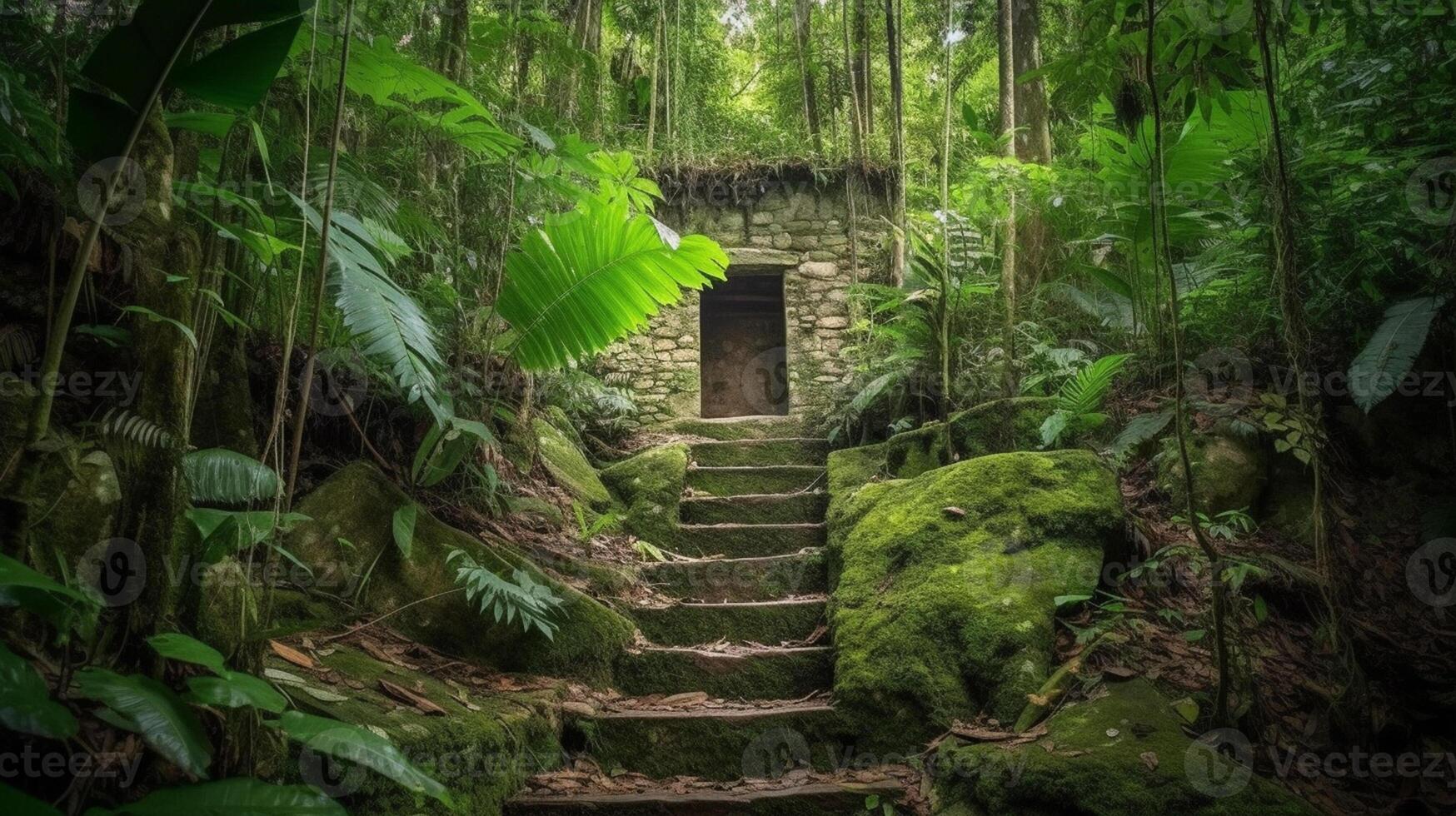 velho pedra escadas dentro a floresta tropical do bali ilha, Indonésia ai gerado foto