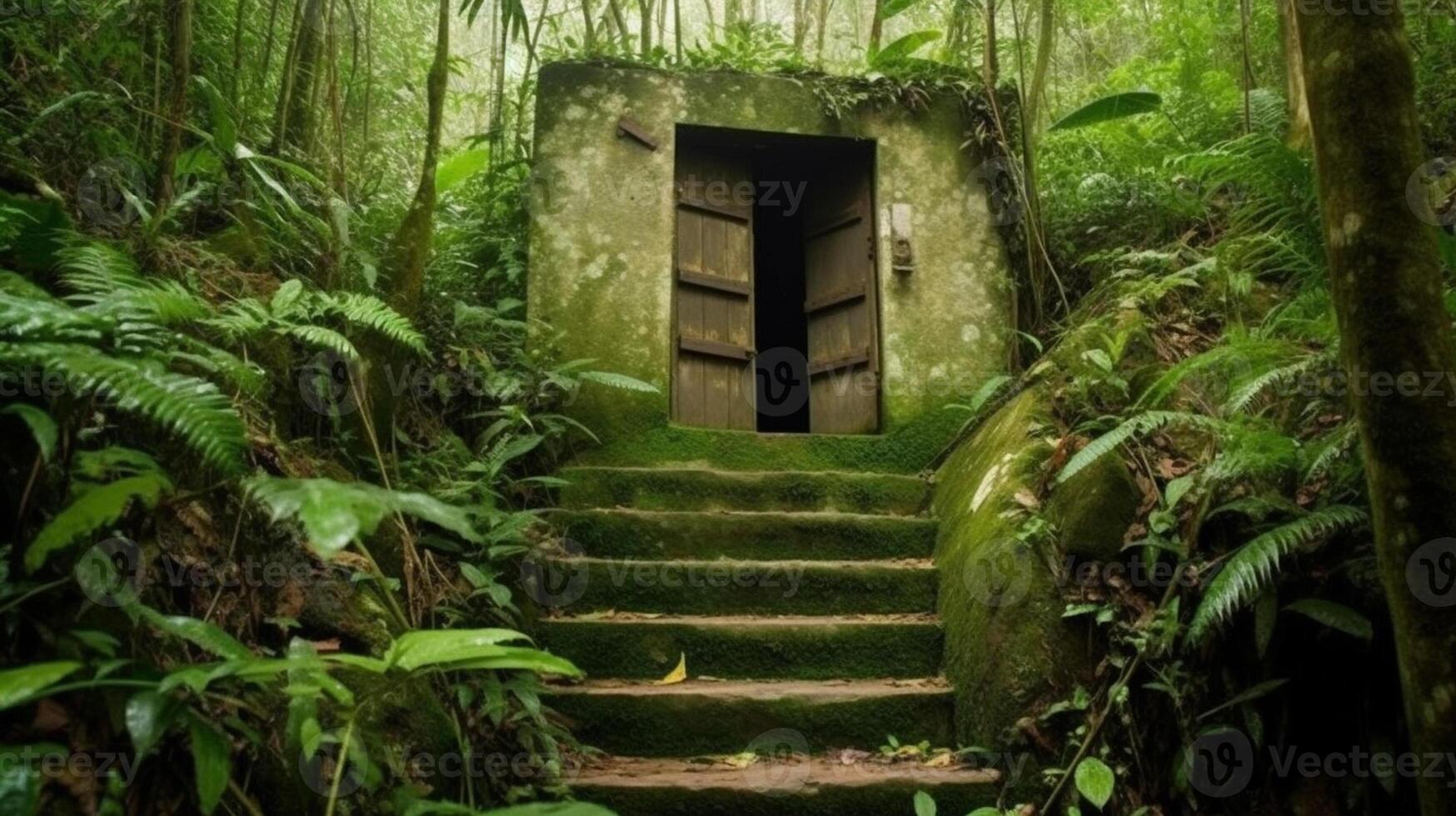 pedra escadas conduzindo para a porta dentro a selva ai gerado foto