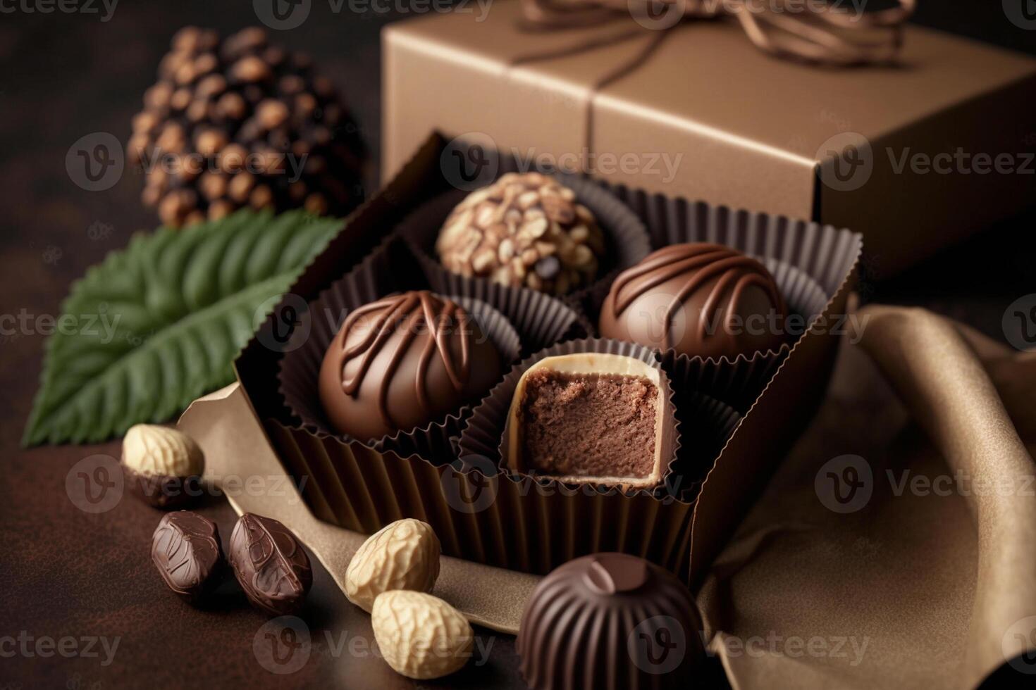 conjunto do chocolate trufas, nozes e cacau, volta doce, delicioso presente dentro uma kraft papel caixa ai gerado foto