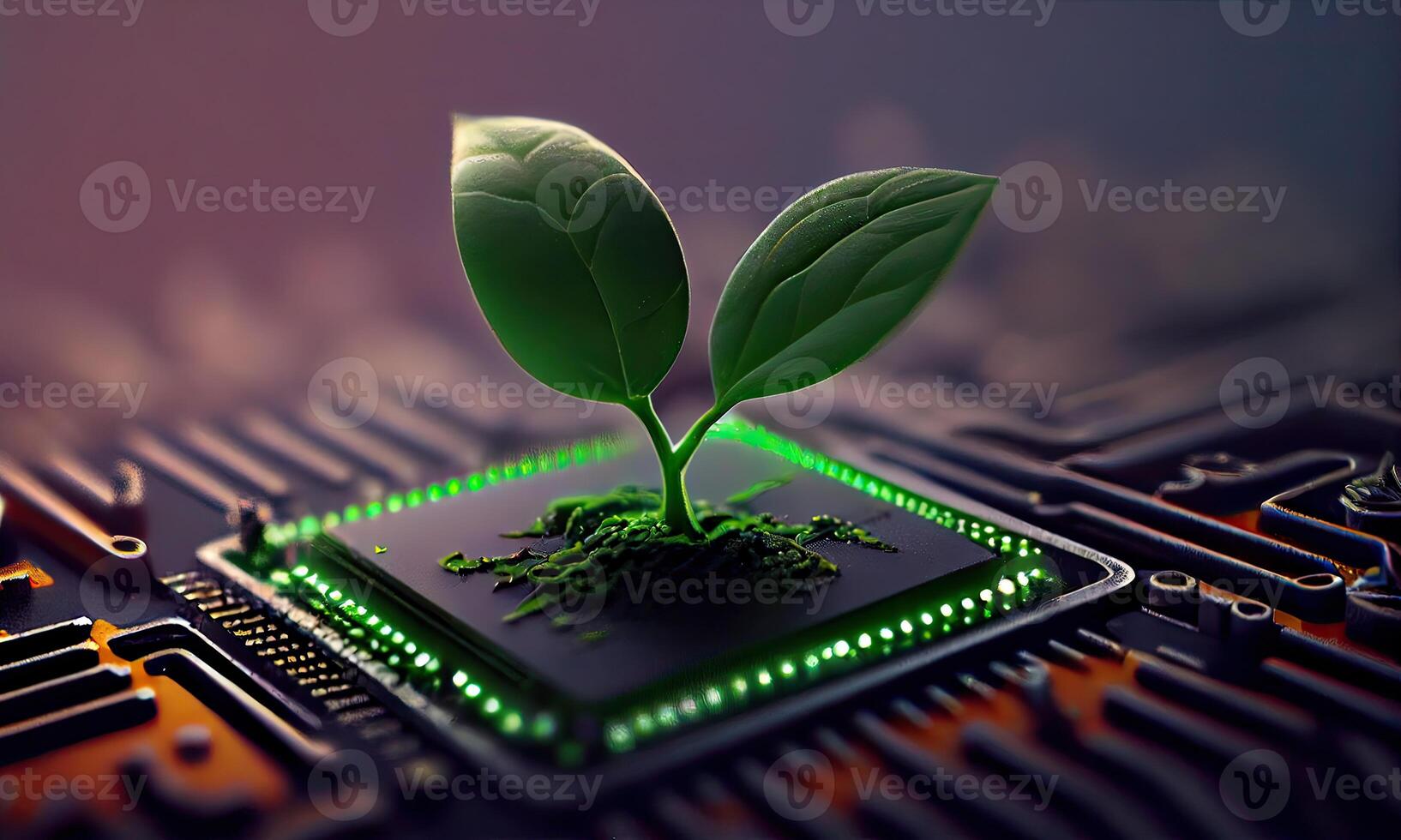 crescendo árvore em a convergindo ponto do um computador o circuito borda. natureza com digital convergência e tecnológica convergência. verde Informática, verde tecnologia, verde isto, RSC, generativo ai foto