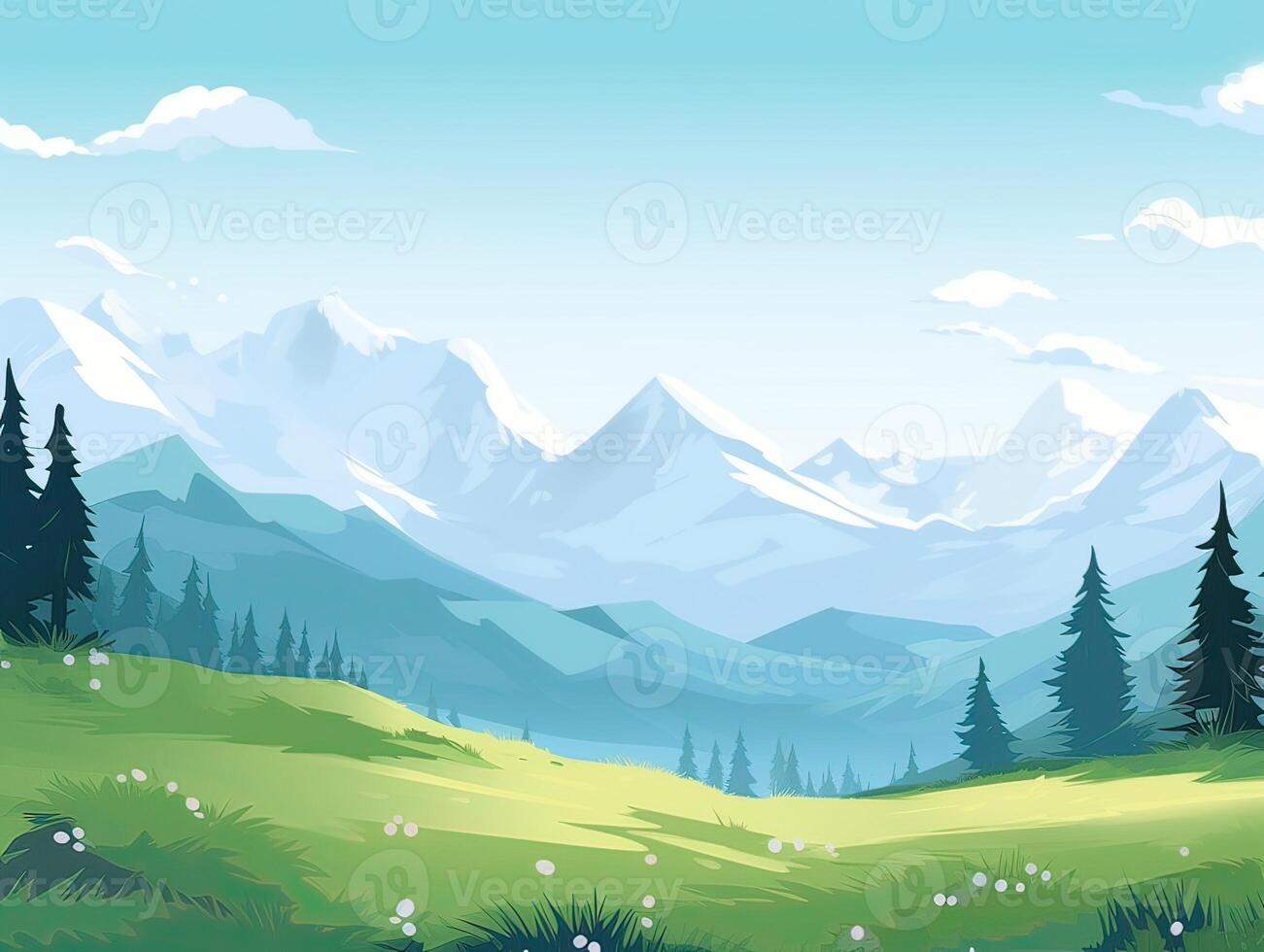 ilustração do plano verão desenho animado panorama. Campos com árvores e montanhas dentro a fundo. generativo ai. foto
