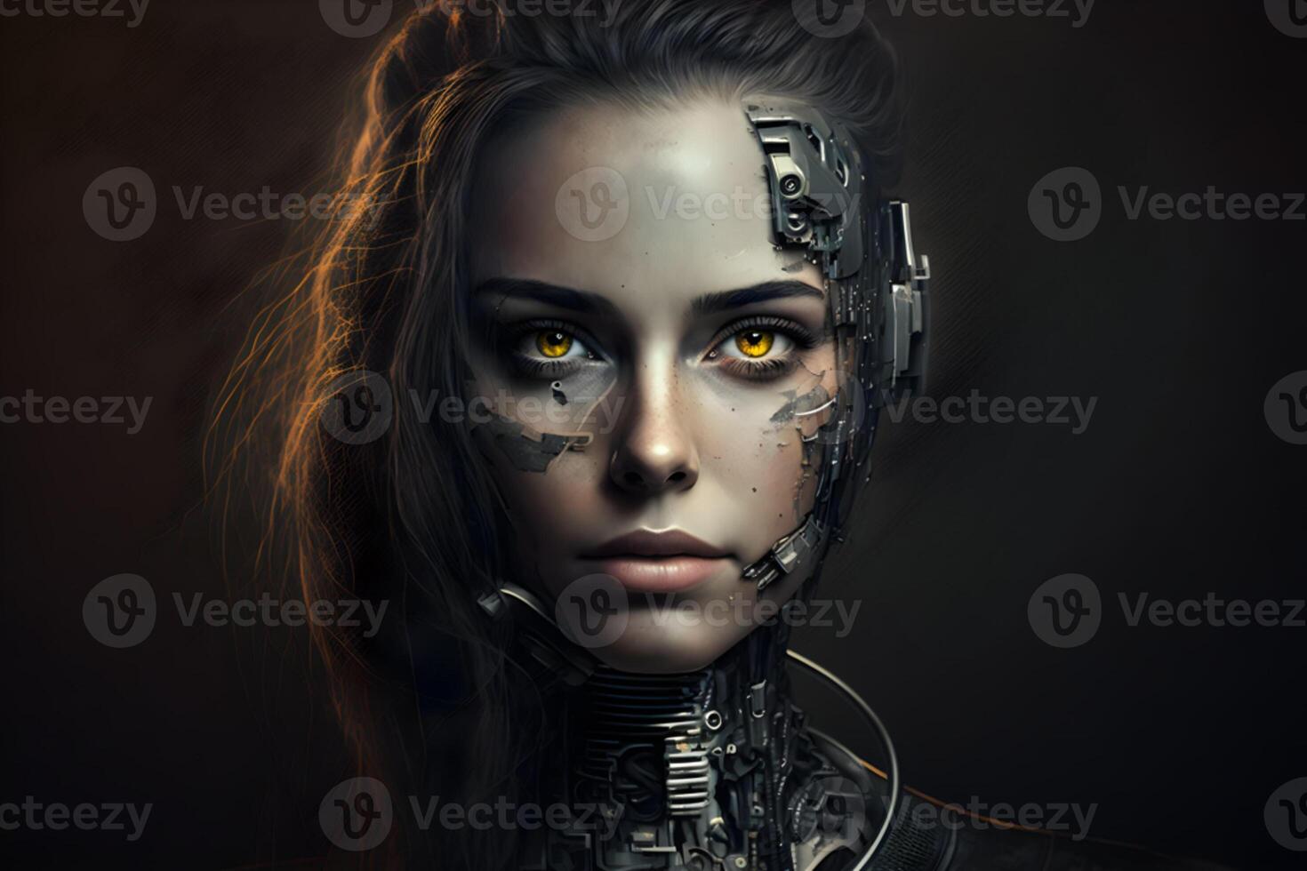 ai gerado fechar-se retrato do cibernético artificial mulher andróide robô foto