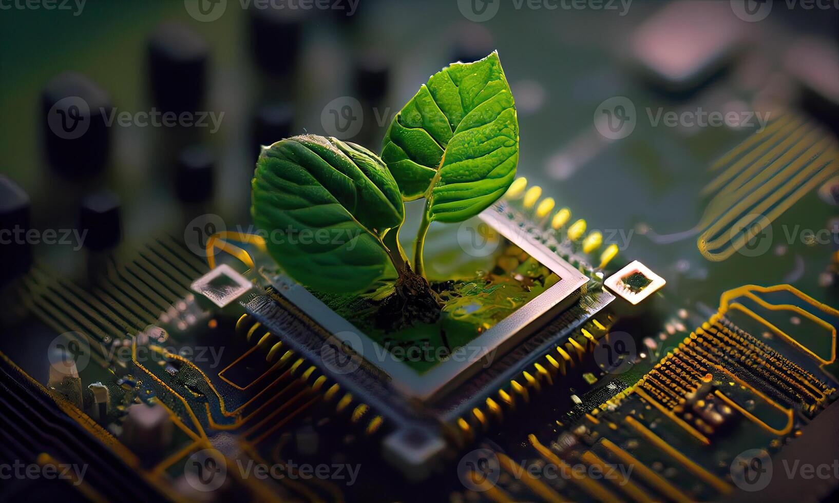 crescendo árvore em a convergindo ponto do um computador o circuito borda. natureza com digital convergência e tecnológica convergência. verde Informática, verde tecnologia, verde isto, RSC, generativo ai foto