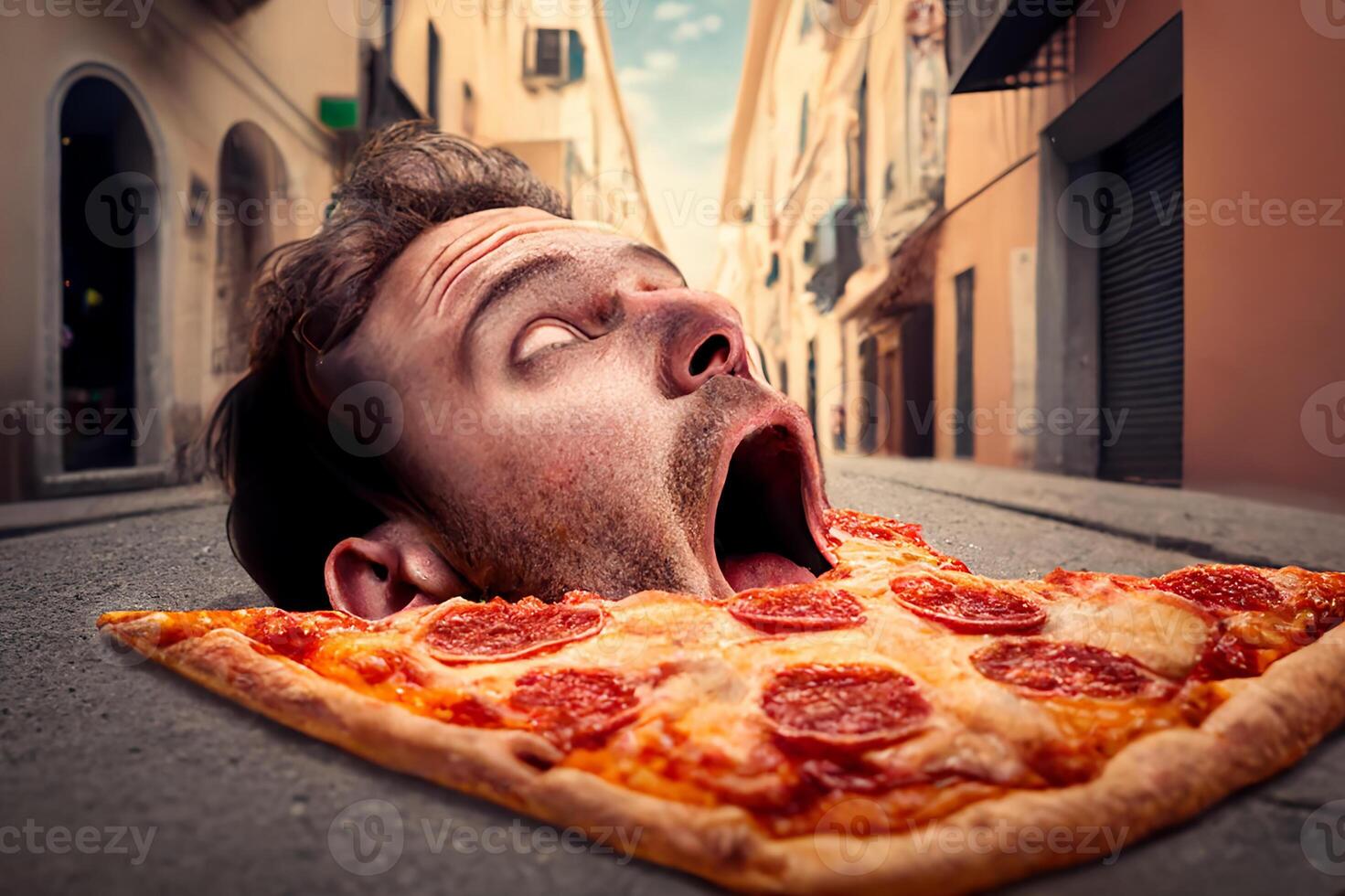 boca comendo pizza. cabeça do homem com aberto boca deitado lado de fora comendo pizza. generativo ai foto