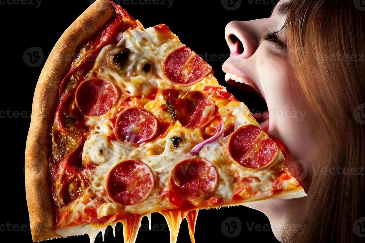 boca comendo pizza. cabeça do uma menina com dela boca Largo aberto ativamente comendo pizza. generativo ai foto