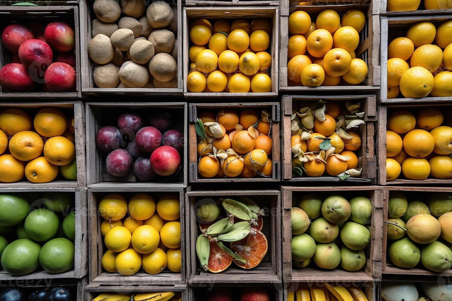 fruta dentro de madeira caixotes, exibido às a ásia vegetal mercado. Visão a partir de a topo. generativo ai foto
