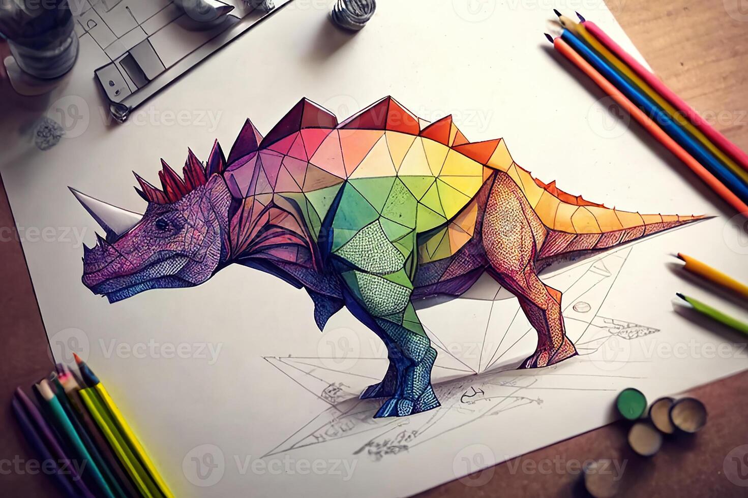 a dinossauro é desenhado em uma Folha do branco papel dentro baixo poli estilo, dentro colori triângulos. criança desenhando com giz de cera. generativo ai foto