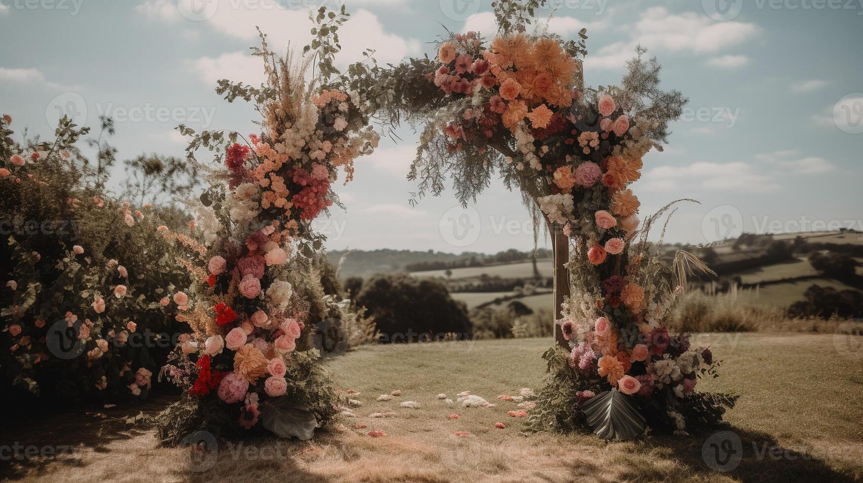 generativo ai, Casamento cerimônia boho rústico estilo arco com flores e plantas, flor buquês. foto