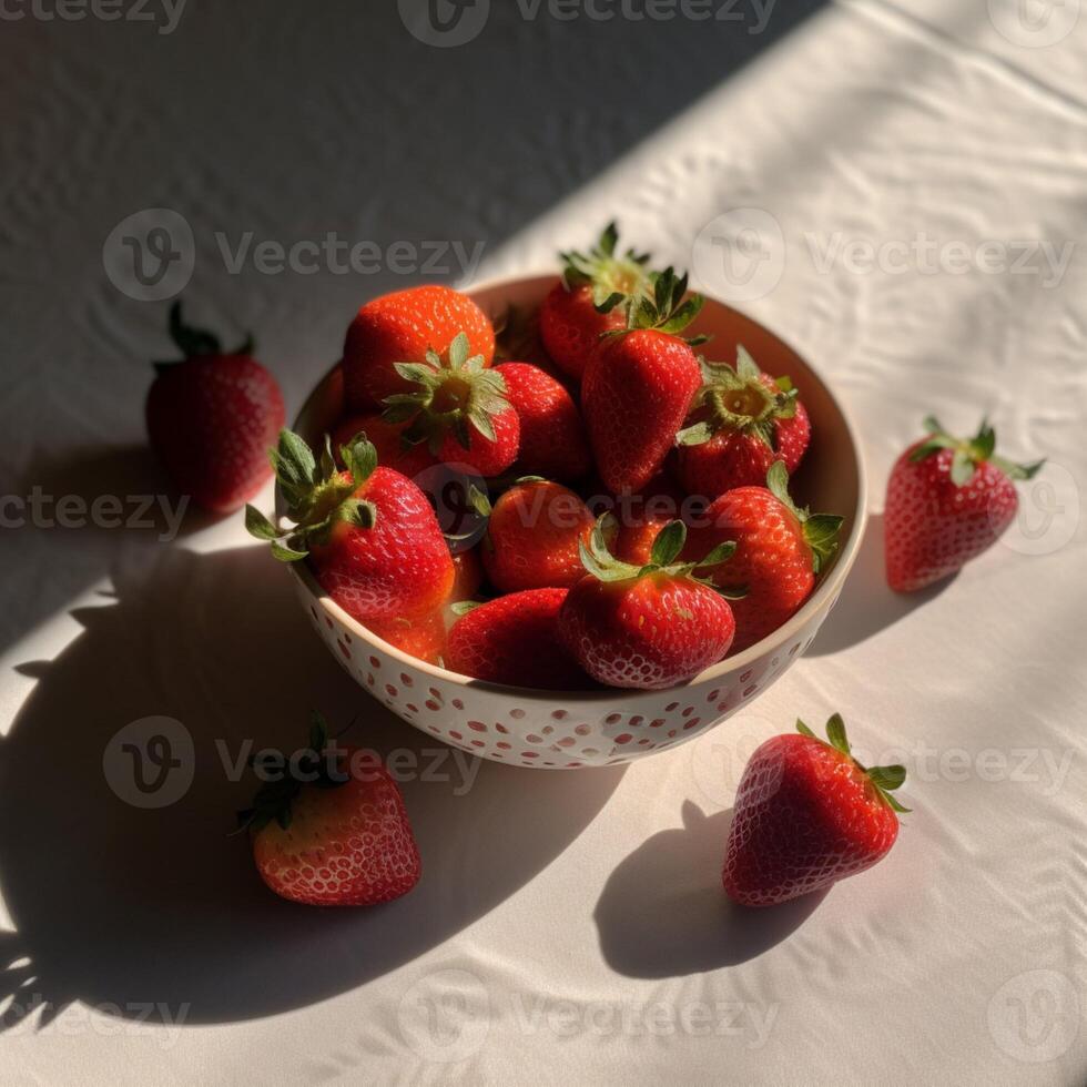 uma tigela do morangos em uma mesa com uma branco pano. ai generativo foto