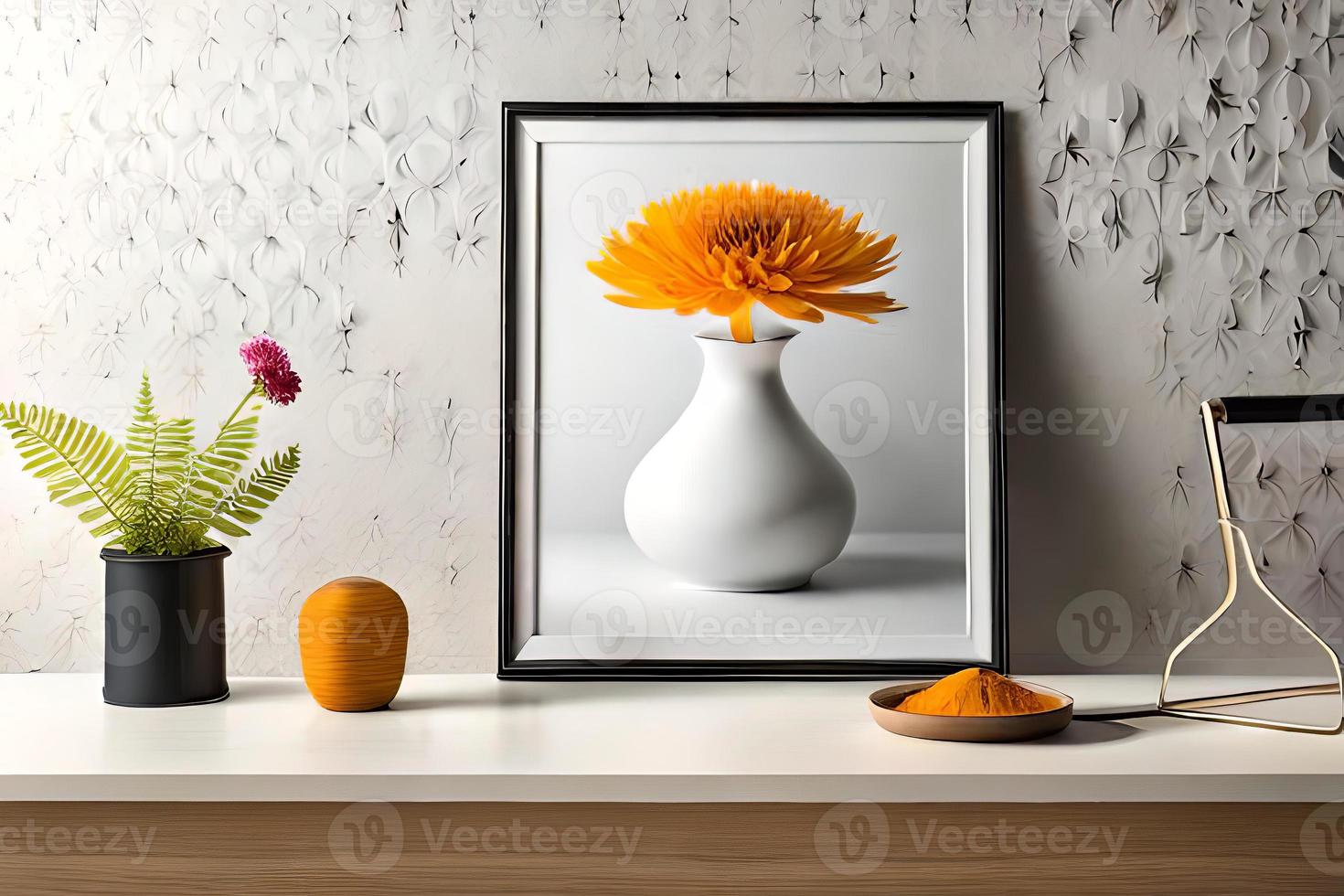 mínimo branco cenário quadro, Armação tela de pintura exibição com flor dentro vaso foto