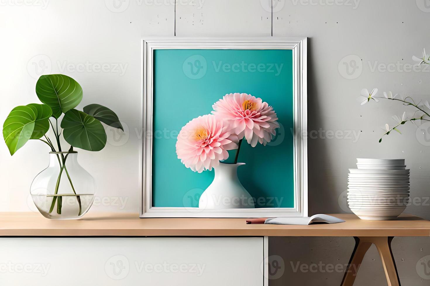 mínimo branco cenário quadro, Armação tela de pintura exibição com flor dentro vaso foto