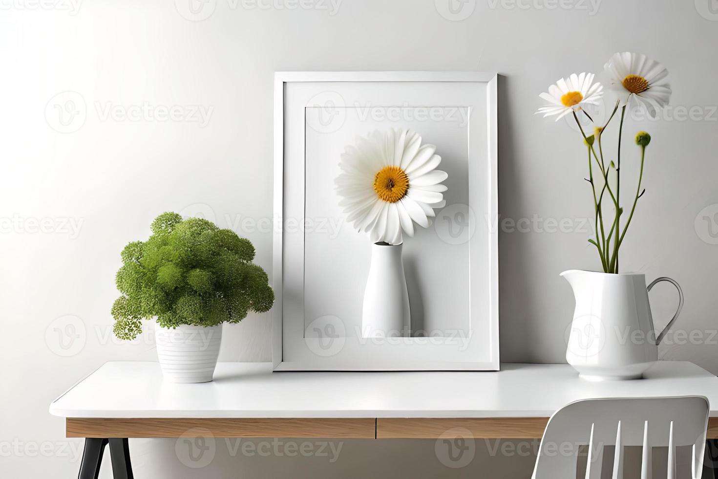 mínimo branco cenário quadro, Armação tela de pintura exibição com flor dentro vaso foto