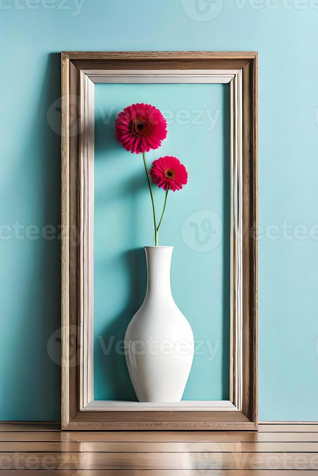 mínimo branco cenário quadro, Armação tela de pintura exibição com flor dentro vaso foto