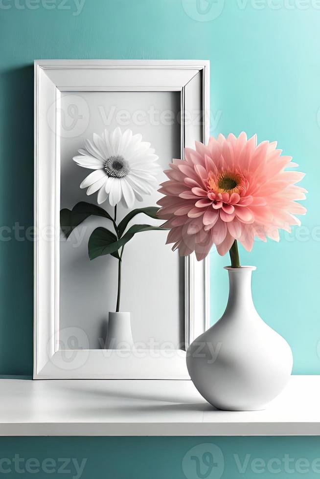 mínimo branco cenário quadro, Armação tela de pintura exibição com flor dentro vaso foto