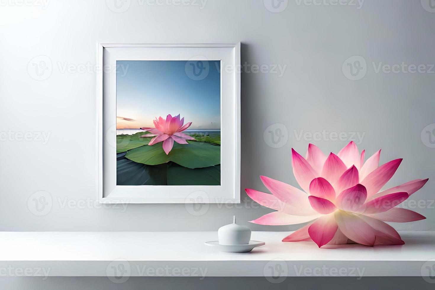 mínimo branco cenário quadro, Armação tela de pintura exibição com flor dentro vaso foto