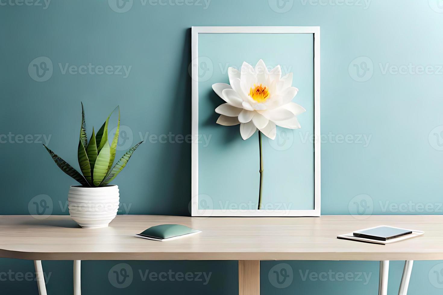 mínimo branco cenário quadro, Armação tela de pintura exibição com flor dentro vaso foto