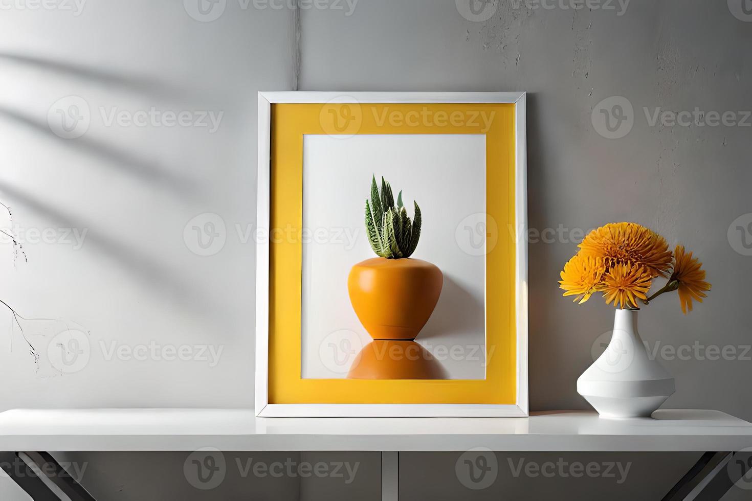 mínimo branco cenário quadro, Armação tela de pintura exibição com flor dentro vaso foto