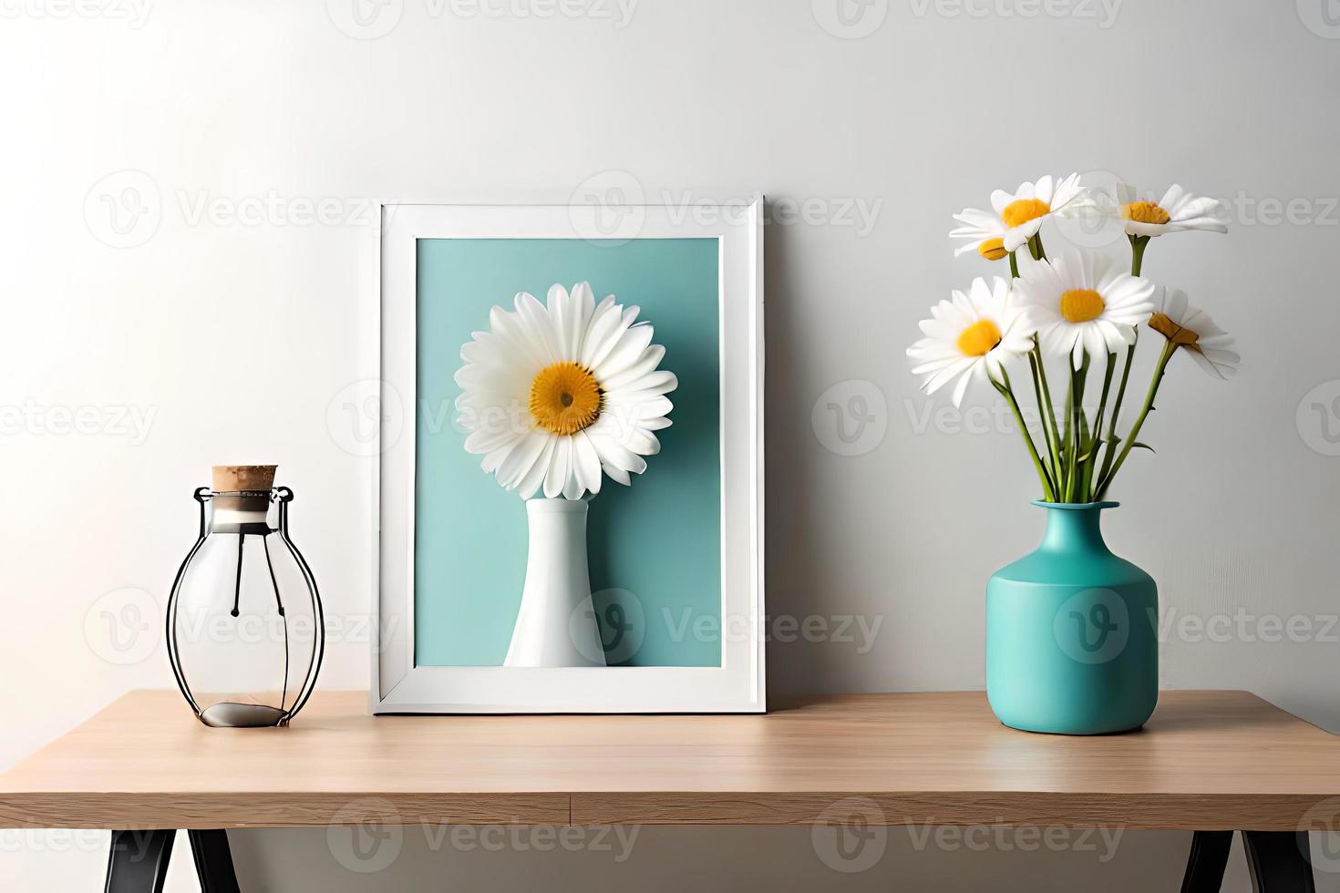 mínimo branco cenário quadro, Armação tela de pintura exibição com flor dentro vaso foto