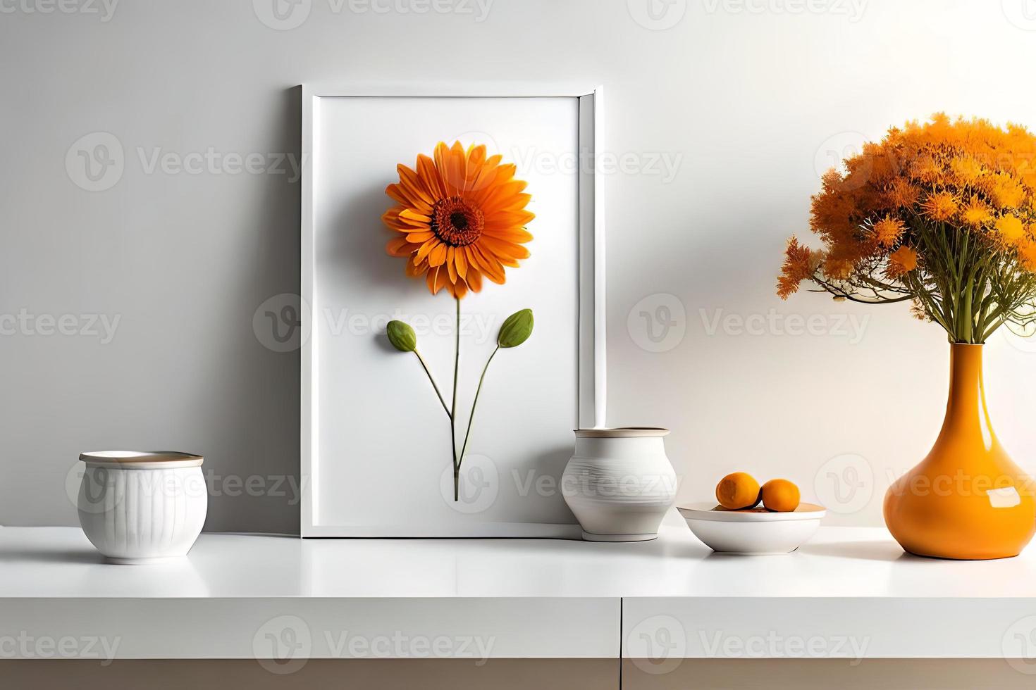 mínimo branco cenário quadro, Armação tela de pintura exibição com flor dentro vaso foto