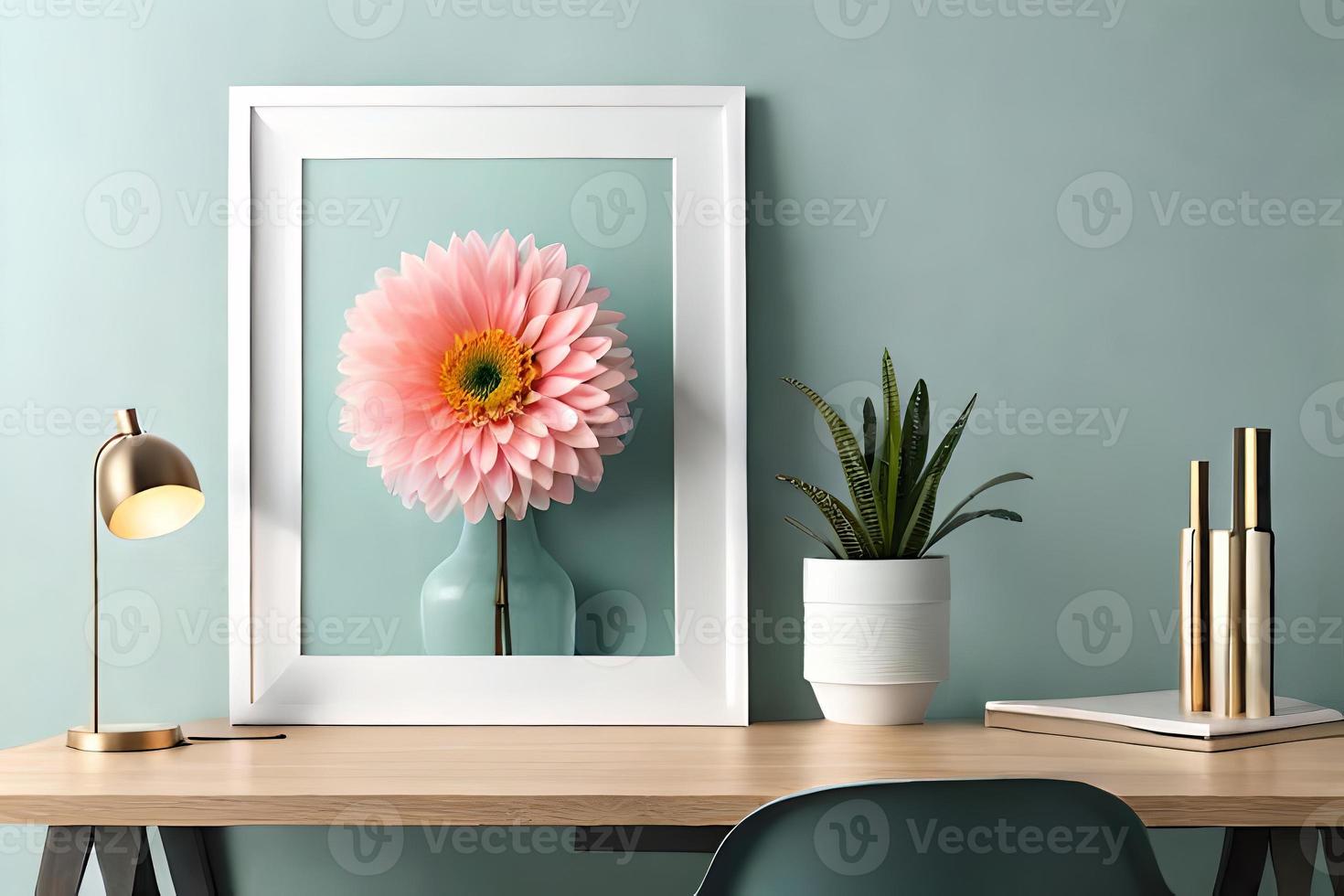 mínimo branco cenário quadro, Armação tela de pintura exibição com flor dentro vaso foto