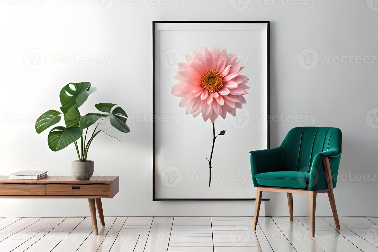 mínimo branco cenário quadro, Armação tela de pintura exibição com flor dentro vaso foto