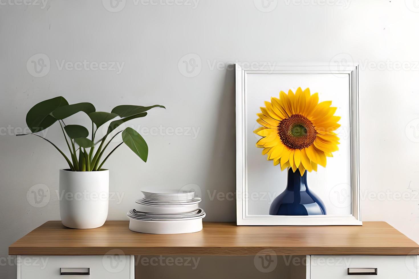 mínimo branco cenário quadro, Armação tela de pintura exibição com flor dentro vaso foto