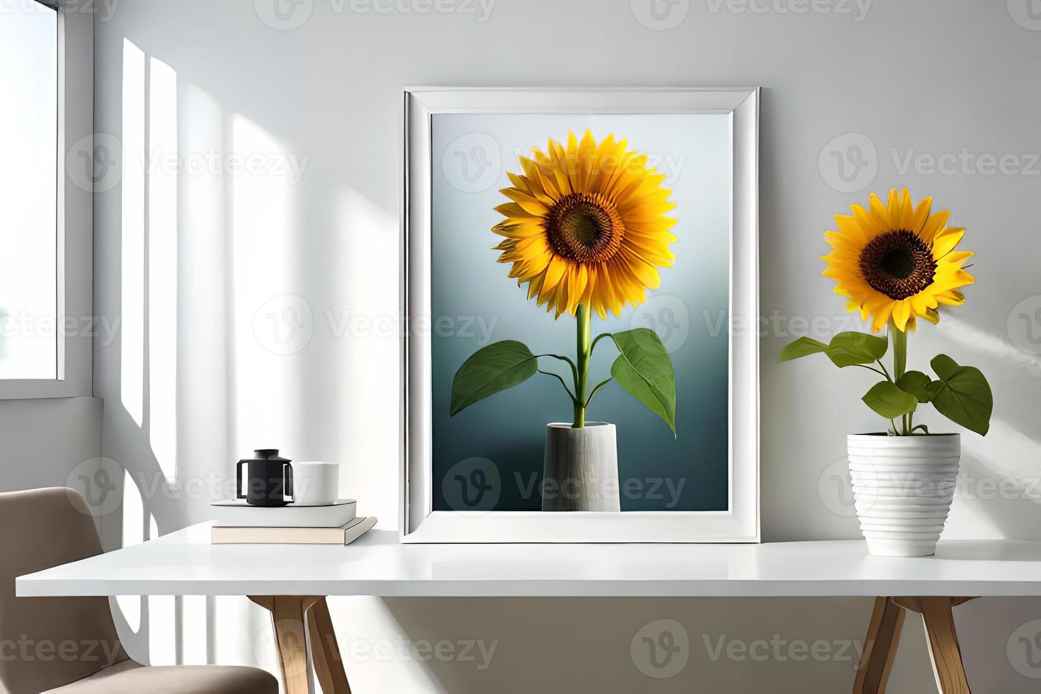 mínimo branco cenário quadro, Armação tela de pintura exibição com flor dentro vaso foto