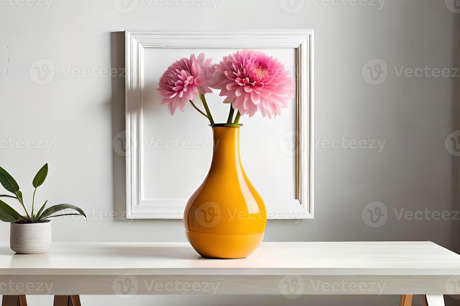 mínimo branco cenário quadro, Armação tela de pintura exibição com flor dentro vaso foto