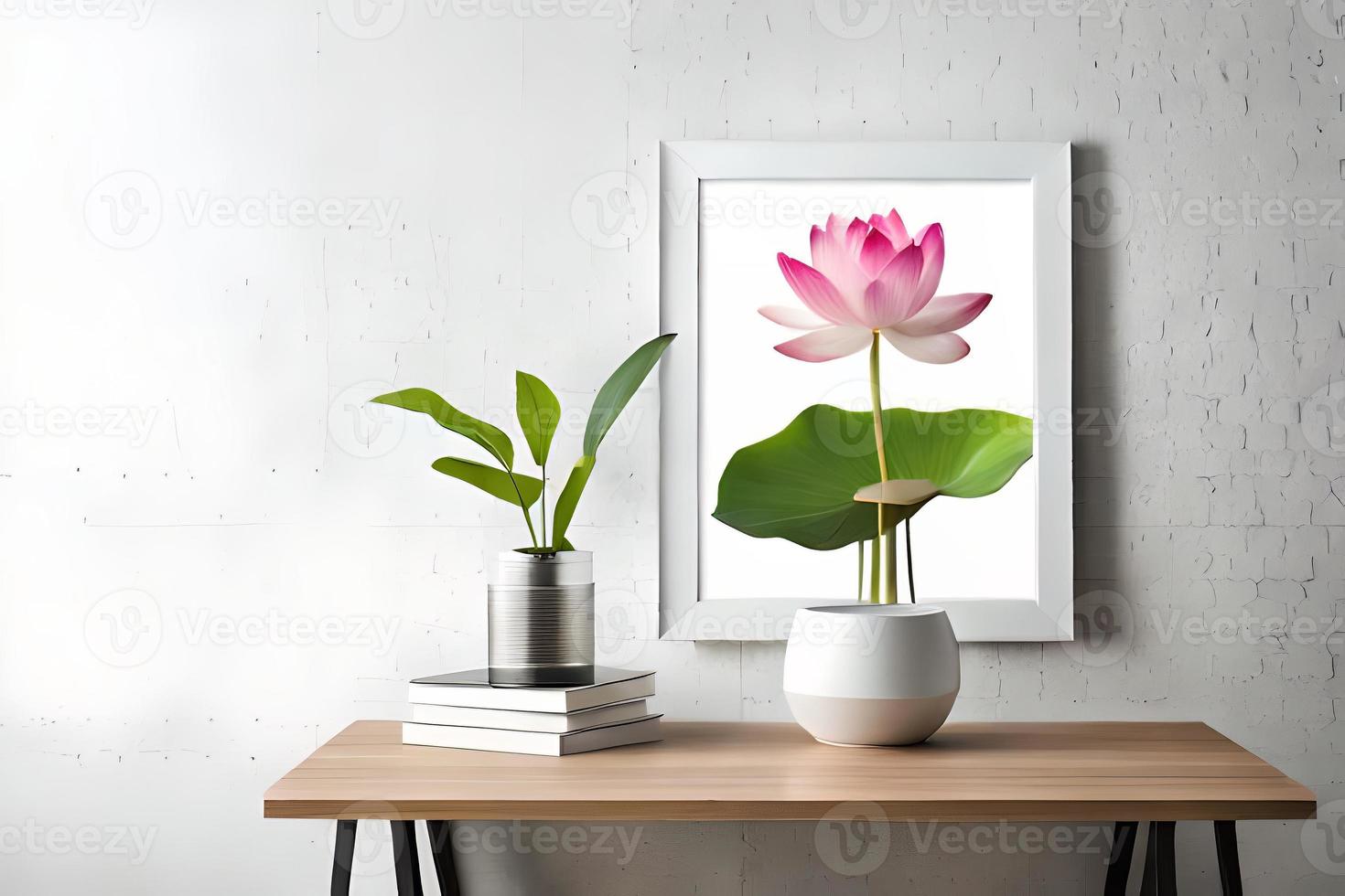 mínimo branco cenário quadro, Armação tela de pintura exibição com flor dentro vaso foto