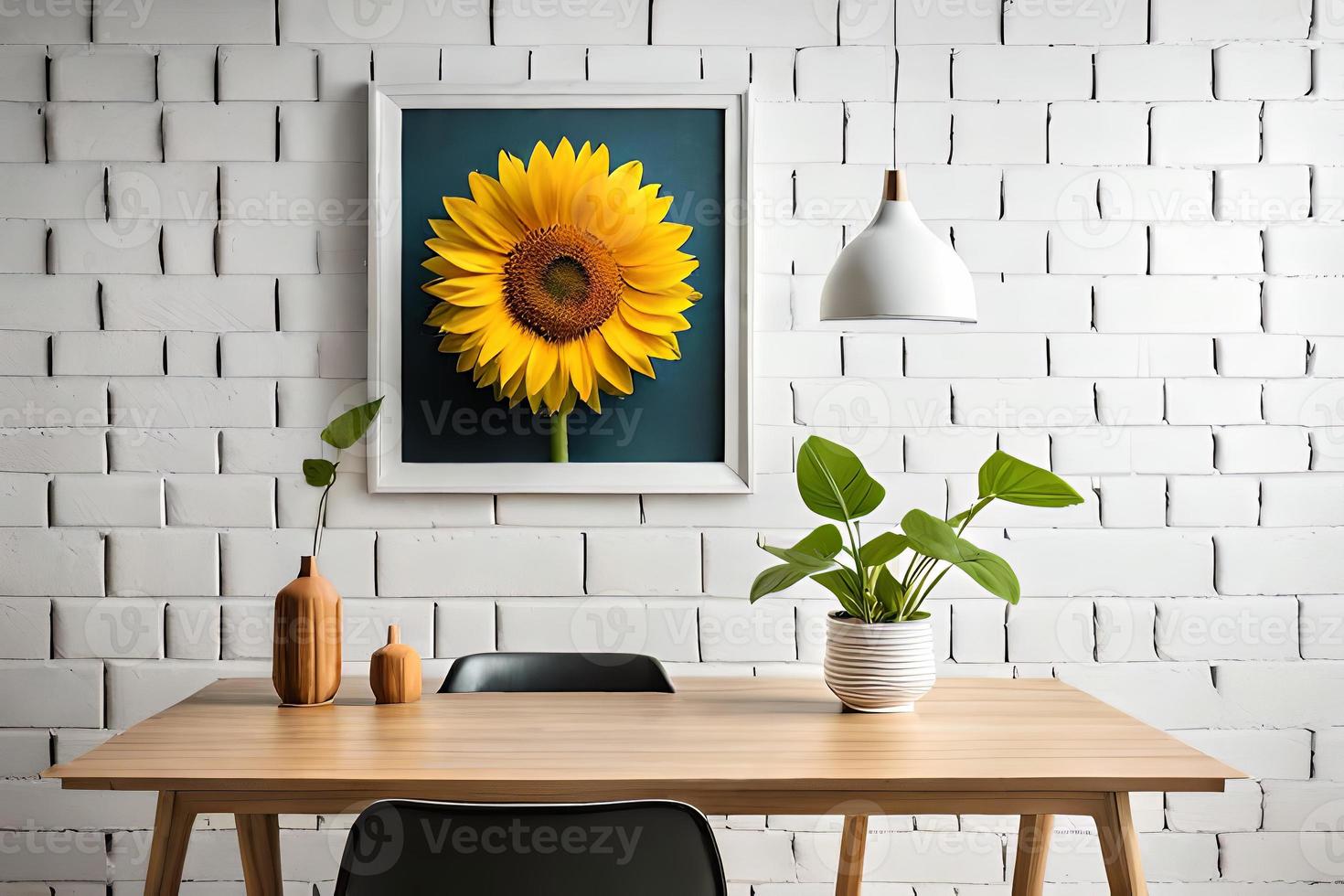 mínimo branco cenário quadro, Armação tela de pintura exibição com flor dentro vaso foto