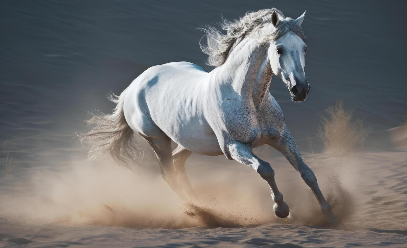 branco cavalo galopando dentro a deserto. ilustração ai generativo foto