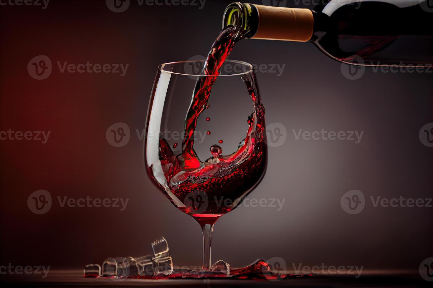 generativo ai ilustração do vermelho vinho é ser derramado a partir de garrafa para dentro simples vinho vidro, em uma mesa com incrível Comida foto