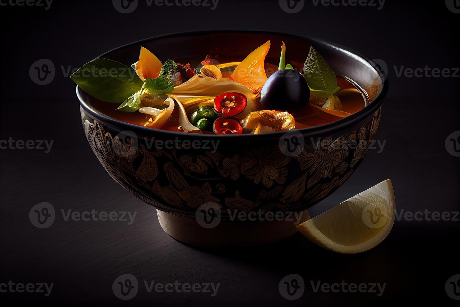 generativo ai ilustração do apetitoso tigela do tom yum sopa, picante tailandês sopa com camarão, frutos do mar, coco leite e Pimenta Pimenta dentro tigela cópia de espaço foto