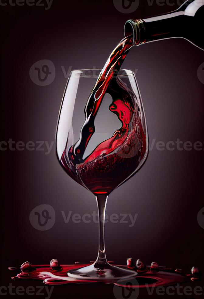 generativo ai ilustração do vermelho vinho é ser derramado a partir de garrafa para dentro simples vinho vidro, em uma mesa com incrível Comida foto